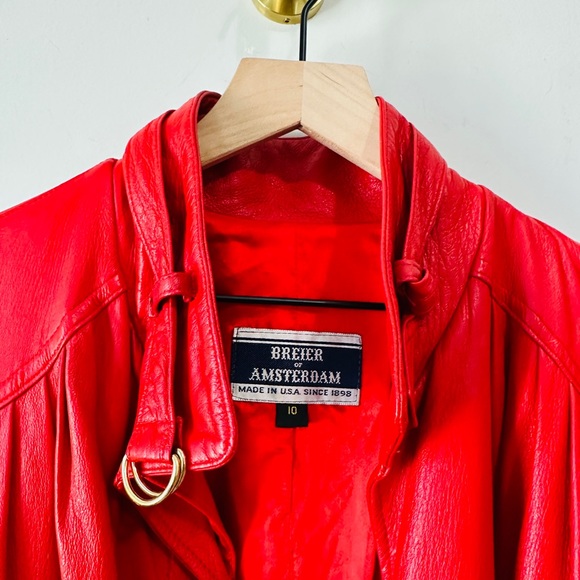 Vintage Red Genuine Leather Belted Trench Coat By Breier of Amsterdam Size 10 - Picture 3 of 16